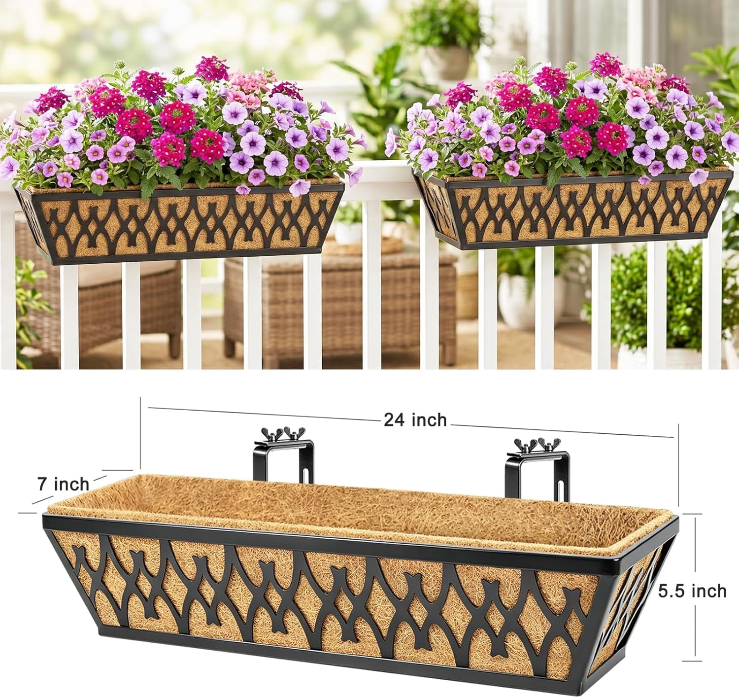 Adjustable Black Window Boxes Planters 24 Inch With Hanging Flower Baskets