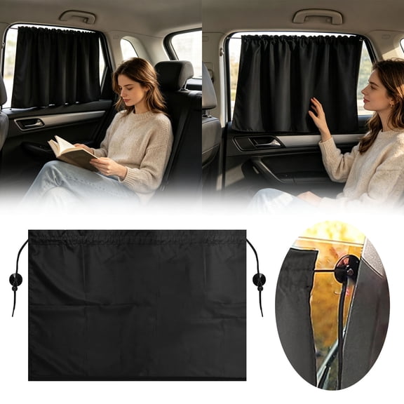 Adjustable Blackout Car Window Curtains, Suction Cup Privacy Sun Shade for Car Rear Windows, Light Blocking Curtain for UV Protection, Road Trips, Sleeping, Privacy