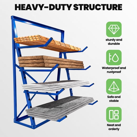 Adjustable Blue 4 Tier Lumber Storage Rack, Stable Alloy Steel Cantilever Pipe Rack 2000 lbs Max Load, 47.6in Wide Horizontal Organizer for Home Garage Machining Workshop