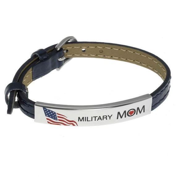 Adjustable Blue Leather Military Mom Bracelet - Patriotic Jewelry Gift for Proud Army, Navy, Air Force, Marine or Coast Guard Mothers