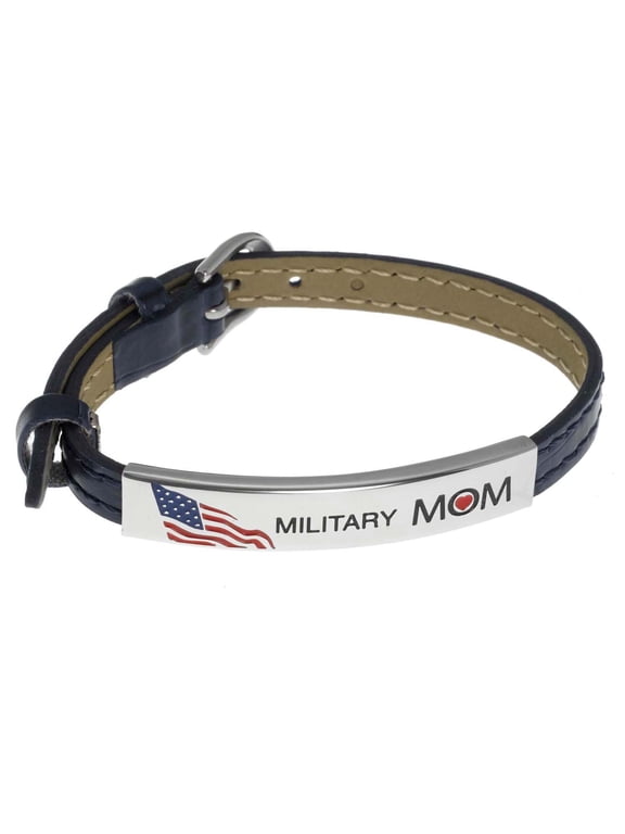 Adjustable Blue Leather Military Mom Bracelet - Patriotic Jewelry Gift for Proud Army, Navy, Air Force, Marine or Coast Guard Mothers