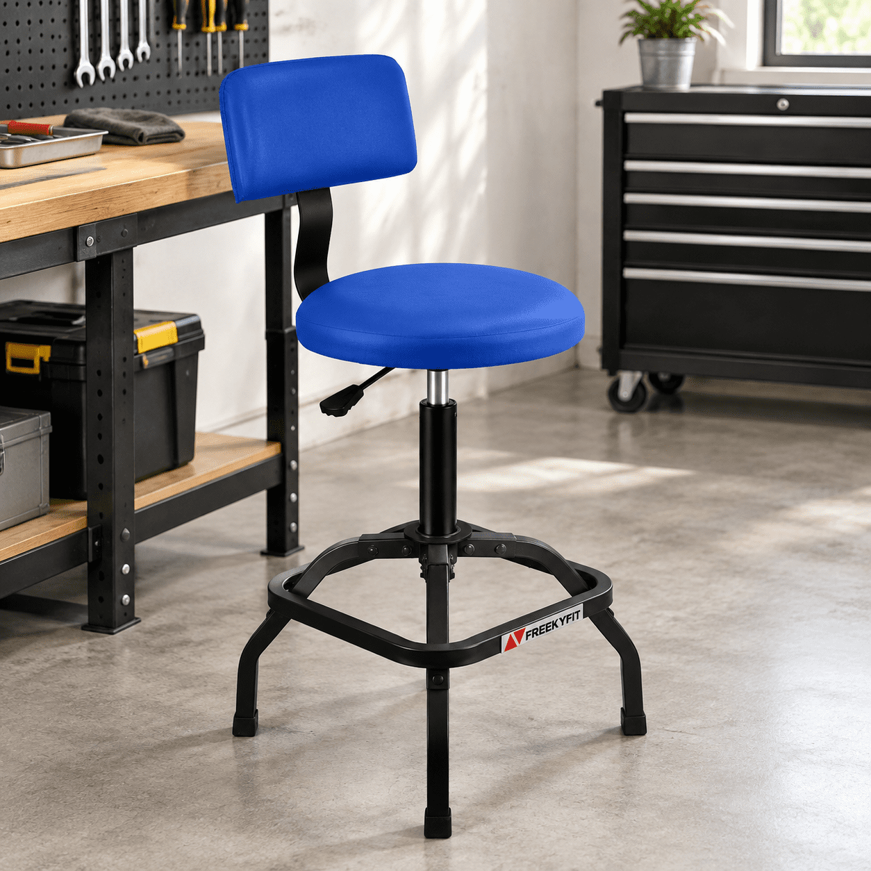 Adjustable Blue Shop Stool with Backrest, Padded PVC Seat, 300 Lbs ...