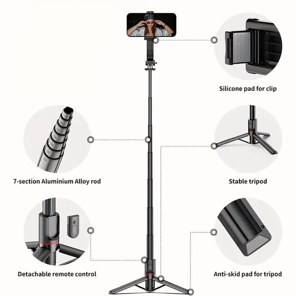 Selfie Stick Tripod for iPhone, Extendable Phone Stand with 360° Rotation & Wireless Remote for Recording, Travel & Live Streaming