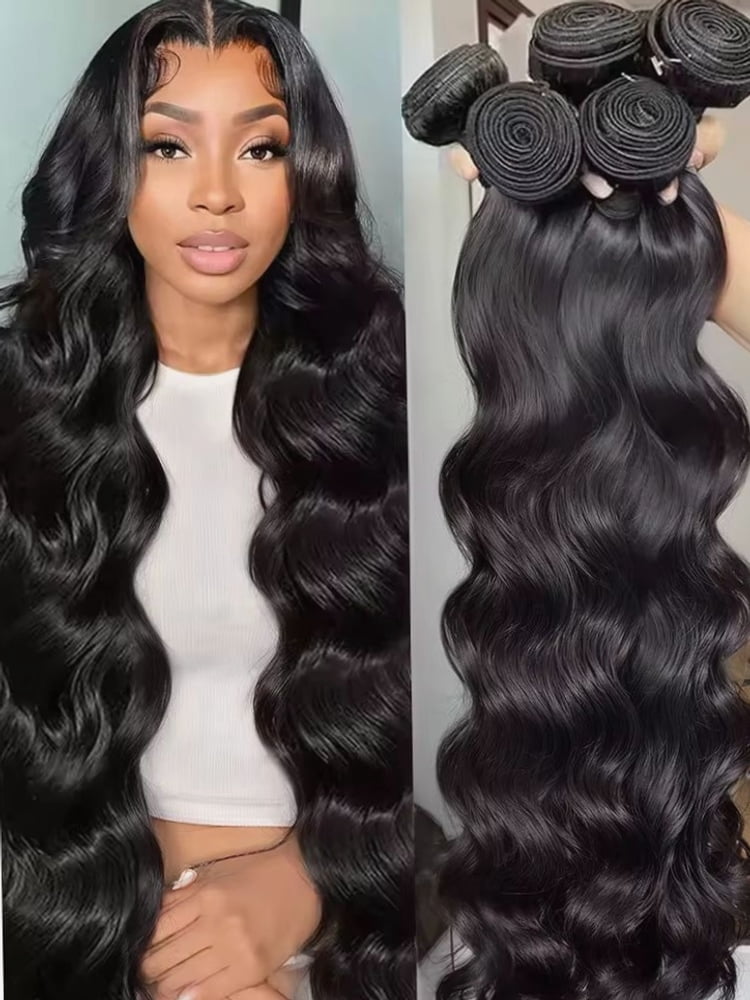 Adjustable Body Wave Bundles Human Hair Natural Color Body Wave Bundle 30 32 Grade 12A Brazilian Virgin Remy Hair 3 Bundles 34 Inch, Black | Typpkmm