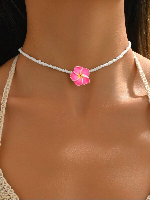 Adjustable Boho Polymer Clay Plumeria Flower Choker Necklace Pink-2