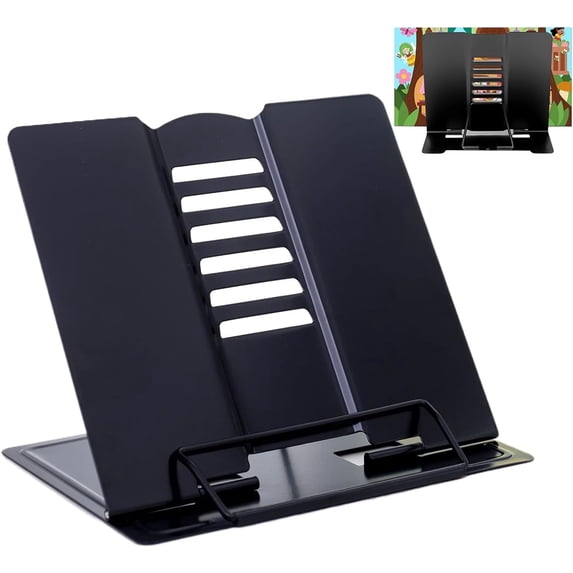 Adjustable Book Holder, Foldable Cookbook Stand for Reading, Heavy Duty Steel Frame with Non-Slip Pad for Hands-Free Use in Kitchen, Office & Travel(Black)DSF