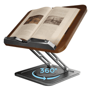 Adjustable Book Stand 360  Rotating Base Ergonomic Book Holder with Elastic Page Clips for Reading Cookbooks Magazines Tablets Laptops Black
