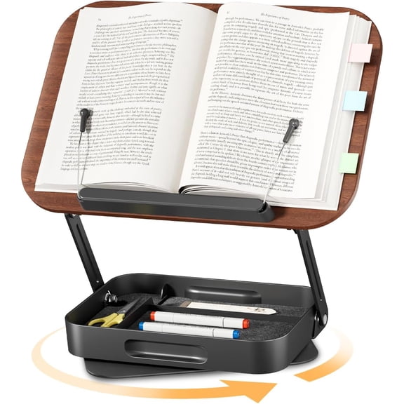 Adjustable Book Stand with Storage Drawer, 360 Rotating Book Holder, Height & Angle Adjustable, Extra-Wide e Clips for Thick Books, Wood & Aluminum Book Stand for Desk, Study, Kitchen