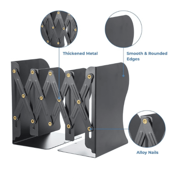 Adjustable Bookends Book Ends for Shelves, Metal Bookend for Books, Desk Magazine File Organizer Holder Extends up to 20in, Book Stopper for Home, Office, Classroom (Black)