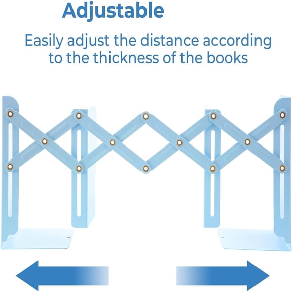 Adjustable Bookends Book Ends for Shelves, Metal Bookend for Heavy Books, Desk Magazine File Organizer Holder Extends up to 20in, Book Stopper for Home, Office, Classroom (Blue)