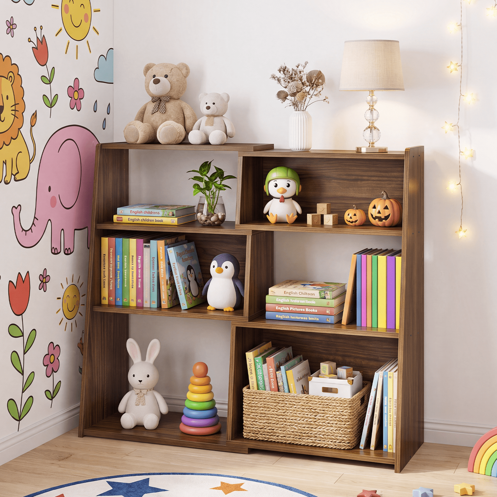 Adjustable Bookshelf, 6-Cubby Open Storage, Extendable Design, Sturdy Ladder Structure