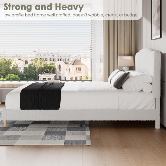 Adjustable Boucle Headboard Platform Bed Frame - Upholstered Queen, Sturdy Wood Slats, Heavy Duty, Noise-Free, Easy Assembly, Pure White, QUEEN Size