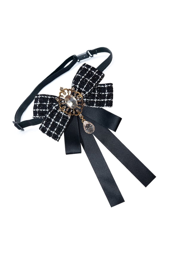Adjustable Bowtie Brooch Pin Women's Elegant Pre Tied Necktie Clip Rhinestones Plaids Ribbon Bowknot Shirt Jabot Collar