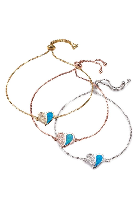 Adjustable Bracelets Slider Opal Cubic Zirconia Heart Gold Blue Pink 8.8" P503