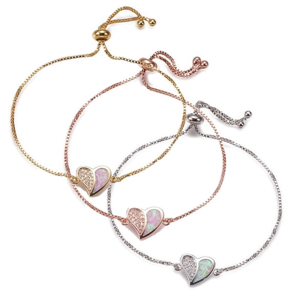 Adjustable Bracelets Slider Opal Cubic Zirconia Heart Gold Blue Pink 8.8" P503