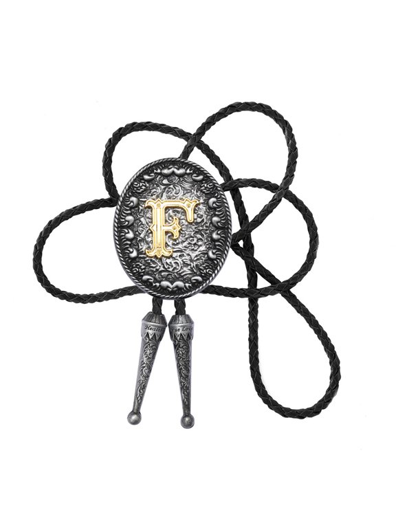 Adjustable Braided Leather Rope Bolotie with Metal Initial Letter Pendant Western Necklace Vintage Necktie Neckwear