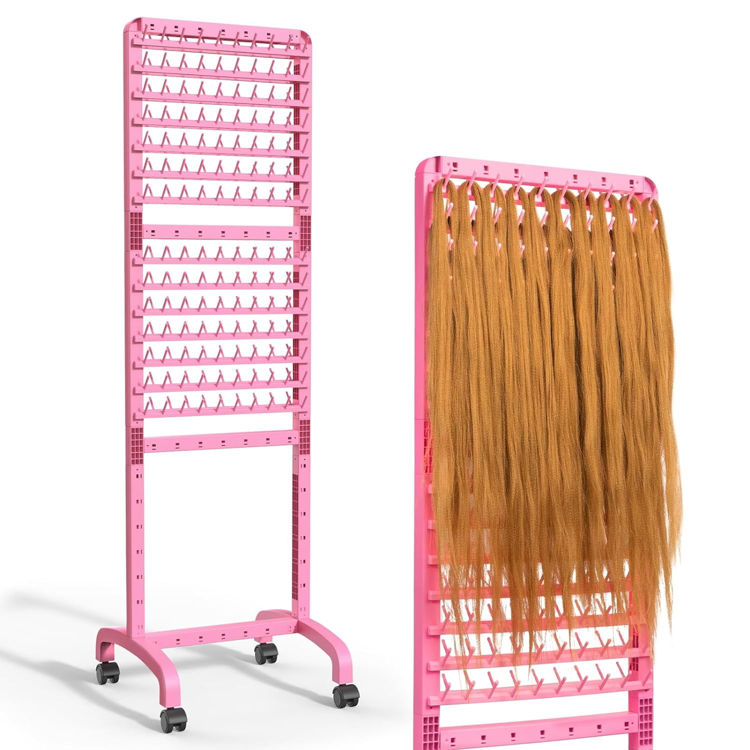 Michaele Wooden 120 Pegs Rotatable Braiding Hair Rack with Locking Caster Wheels Rebrilliant