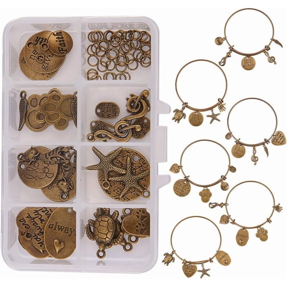 Adjustable Brass Bangles Making with Tibetan Style Pendants Iron Jump Rings Mixed Color 11x7x3cm