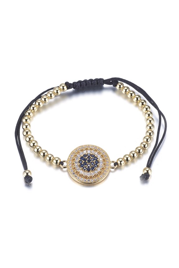 Adjustable Brass Beaded Bracelets with Nylon Cord and Micro Pave Cubic Zirconia Links Lead Free Cadmium Free Flat Round Golden 1-3/4 inch(44mm) Diy