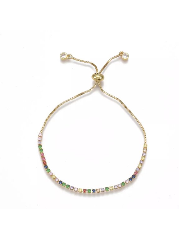 Adjustable Brass Cubic Zirconia Slider Bracelet Bolo Bracelet Gold 9.4" P288
