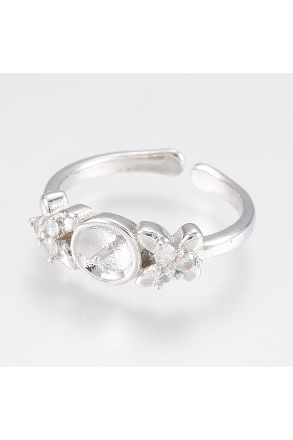 Adjustable Brass Cuff Rings Open Rings Components with Cubic Zirconia for Half Drilled Beads Flower Jewelry Finding Making DIY