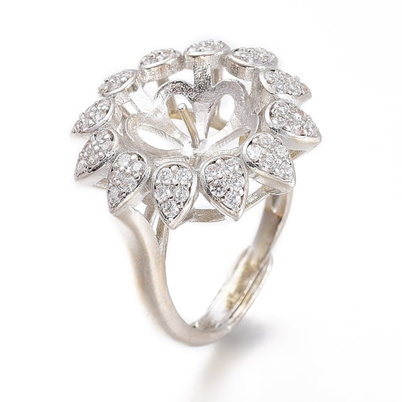 Adjustable Brass Finger Ring Components with Micro Pave Cubic Zirconia For Half Drilled Beads Long-Lasting Plated Flower Clear Platinum Size 7 Inner Diameter: 17.3mm Tray: 10mm