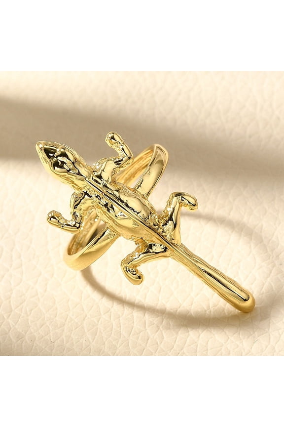 Adjustable Brass Finger Rings for Women Gecko Real 18K golden Plated 35x14mm Inner Diameter: 17mm