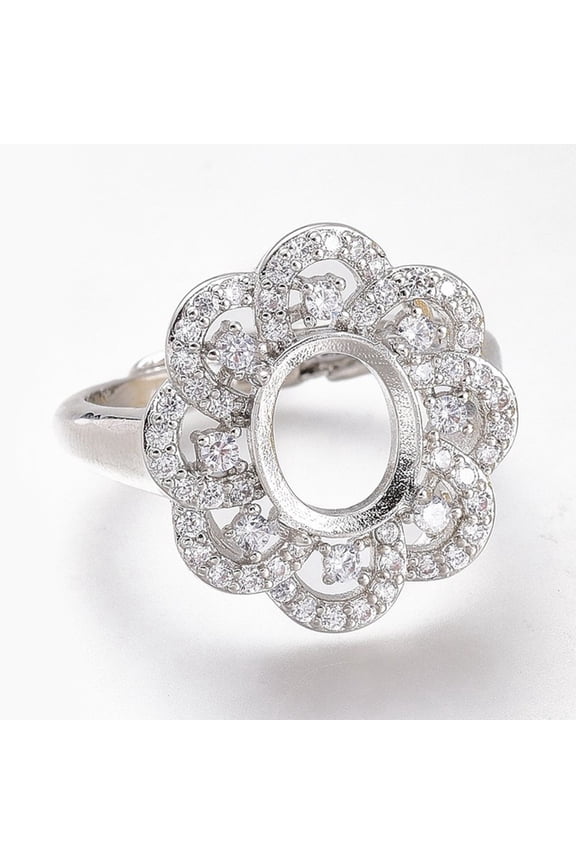 Adjustable Brass Micro Pave Clear Cubic Zirconia Finger Ring Components 4 Claw Prong Ring Settings Long-Lasting Plated Flower Clear Platinum Size 6 3/4 Inner Diameter: 17.1mm Tray: 10x8mm