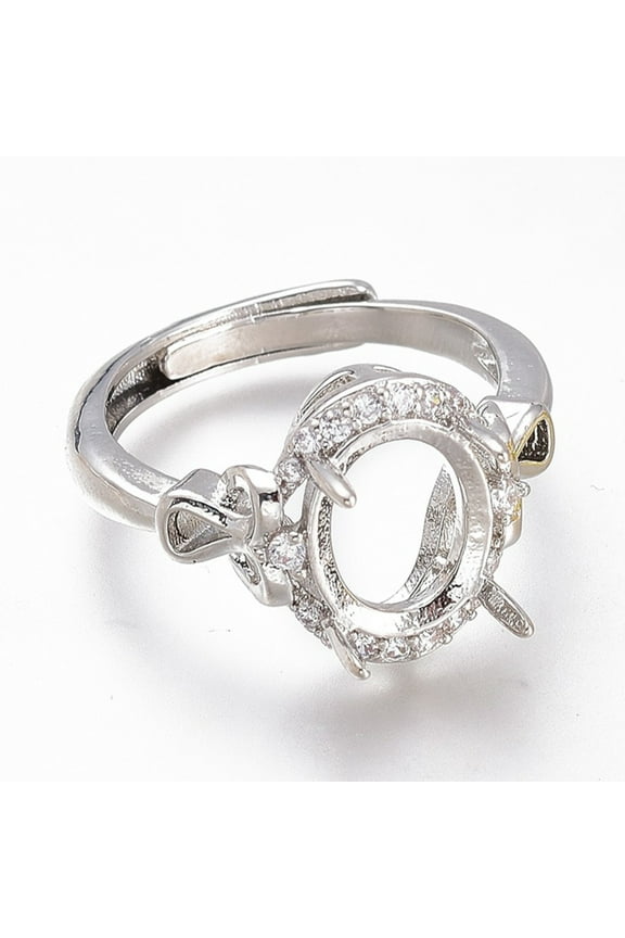 Adjustable Brass Micro Pave Clear Cubic Zirconia Finger Ring Components 4 Claw Prong Ring Settings Long-Lasting Plated Oval Platinum Size 6 1/4 Inner Diameter: 16.8mm Tray: 10x8mm
