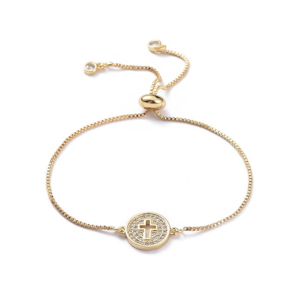 Adjustable Brass Micro Pave Cubic Zirconia Slider Bracelets Bolo Bracelets with Cardboard box Flat Round and Golden 9-1/2 inch(240mm)