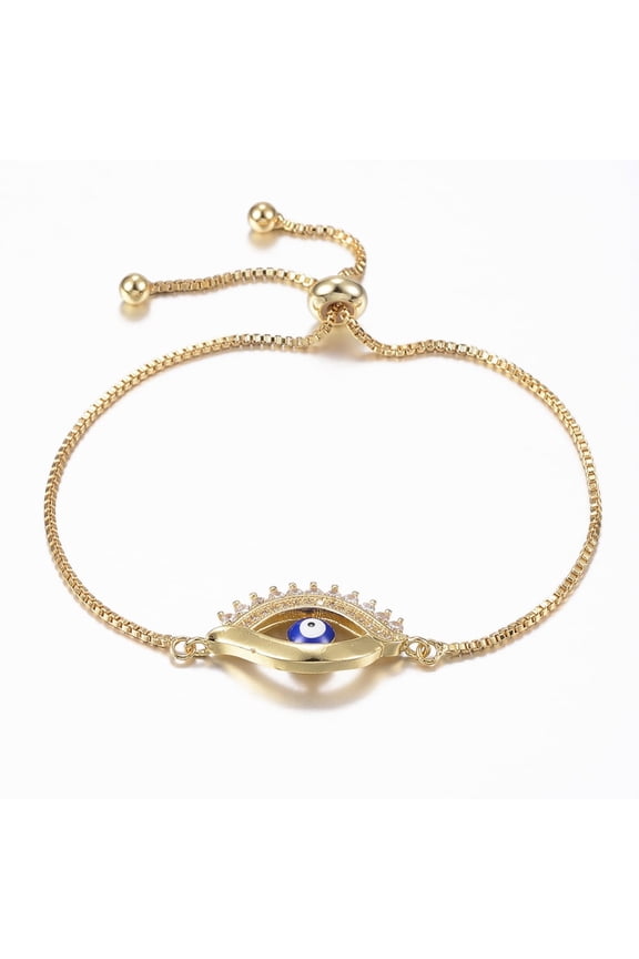 Adjustable Brass Micro Pave Cubic Zirconia Slider Bracelets Bolo Bracelets with Enamel Evil Eye Golden 10-5/8 inch(270mm) 1.2mm