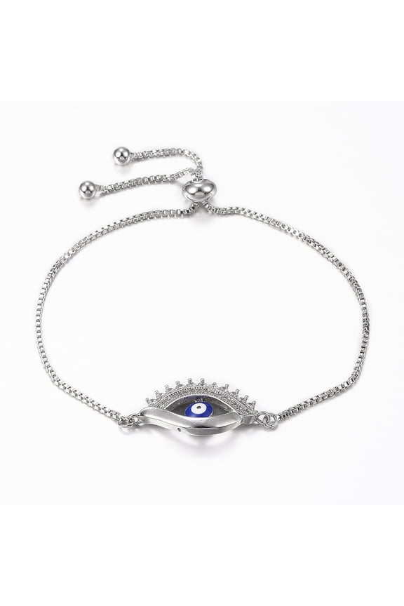 Adjustable Brass Micro Pave Cubic Zirconia Slider Bracelets Bolo Bracelets with Enamel Evil Eye Platinum 10-5/8 inch(270mm) 1.2mm