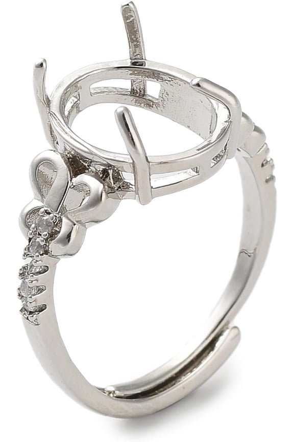 Adjustable Brass Solitaire Ring Settings 4 Claw Prong Ring Settings with Clear Cubic Zirconia Platinum Size 7 17mm Tray: 10x8mm