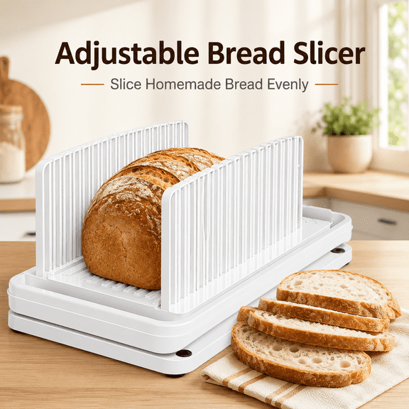 Adjustable Bread Slicer Guide with Pull-Out Cutting Board, Foldable Homemade Bread Slicing Guide with Crumb Tray and Non-Slip Feet, 6 Width Settings, White