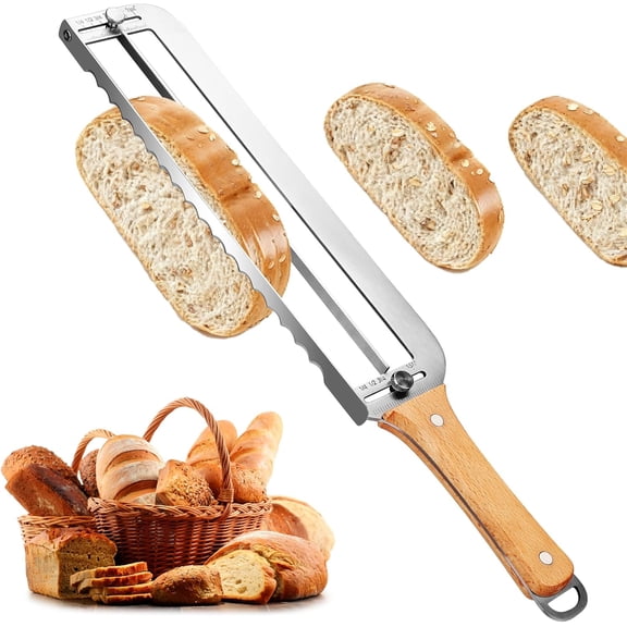 Adjustable Bread Slicer for Homemade - Upgrade Manual Sourdough Knife with Thickness Guide, Bow Cutter Stainless Steel Serrated Blade Baguettes Bals, Ideal Gift Baker