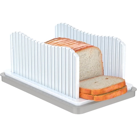 Adjustable Bread Slicer with Crumb Tray, Foldable Slicing Guide for Homemade Bread Sourdough Bagels, Non-Slip Base for Uniform Cuts