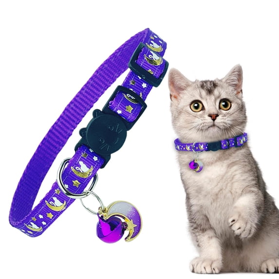 Adjustable Breakaway Cat Collar with Bell, Glow-in-the-Dark Moon Star Pendant, Reflective Safe Quick Release Buckle for Kittens & Small Pets