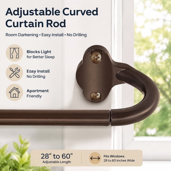 Adjustable Bronze Wrap Around Curtain Rod 5/8 Inch, Blackout Curved Drapery Rod for Bedroom Kitchen, Room Darkening Window Curtain Rod 28-60