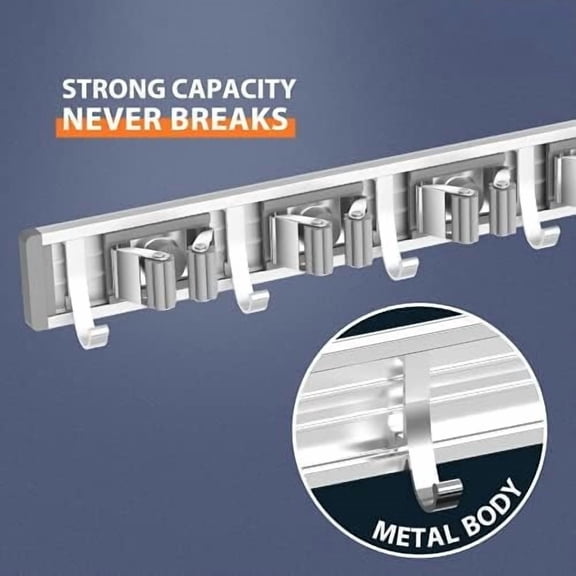 Adjustable Broom Holder Wall Mount, Mop Storage Tool Racks, Broom Hanger Tool Organizer for Garage, Kitchen, Garden, Laundry Room, 4 Racks 5 Hooks Silver