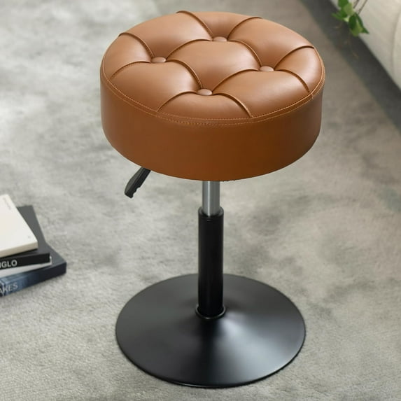 Adjustable Brown Vanity Stool, Swivel Vanity Chair for Makeup Room, Small Stool Chair for Vanity Bathroom Living Room, Round Ottoman Makeup Chair, PU Leather