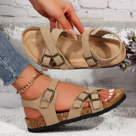 Adjustable Buckle Cork Footbed Slides - Comfortable Outdoor Sandals for Women