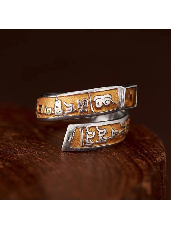 Adjustable Buddhist Mantra Ring Resin Jambhala Citrine Inlay Silver Color Ethnic Style Spiritual Jewelry for Men and Women