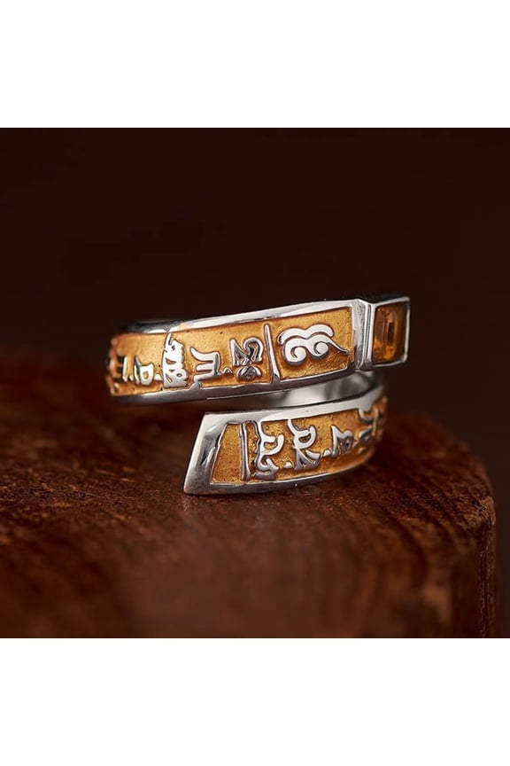 Adjustable Buddhist Mantra Ring Resin Jambhala Citrine Inlay Silver Color Ethnic Style Spiritual Jewelry for Men and Women