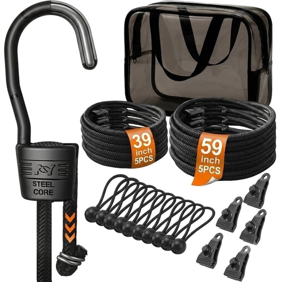 [Aflybltol]  Heavy Duty Adjustable Bungee Cords Set with Steel Hooks, Black Super Elastic Bungee Straps Easily Adjust from 59" to 89",  26 Pieces