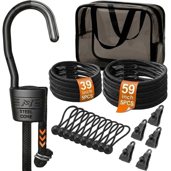 [Aflybltol]  Heavy Duty Adjustable Bungee Cords Set with Steel Hooks, Black Super Elastic Bungee Straps Easily Adjust from 59" to 89",  26 Pieces