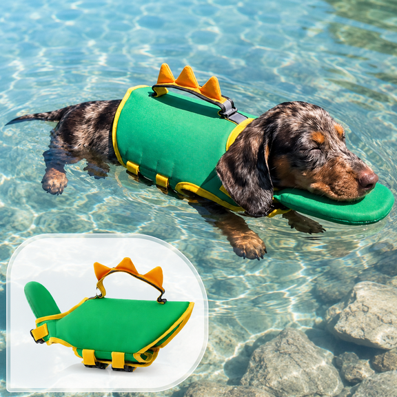 Adjustable Buoyancy Support Cloth EPE Pearl Dinosaur Small Medium Dog Life Jacket, Green