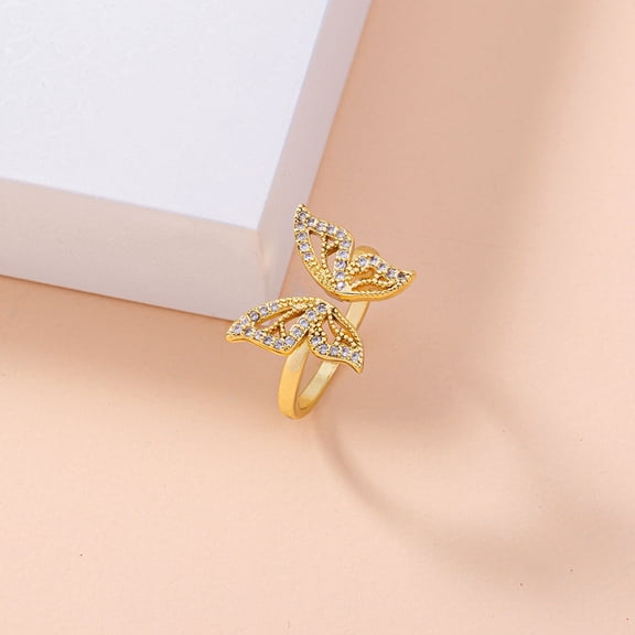 Adjustable Butterfly Ring: Fashion Copper Ring with Micro-Set Zircon Inlay, Geometric Design