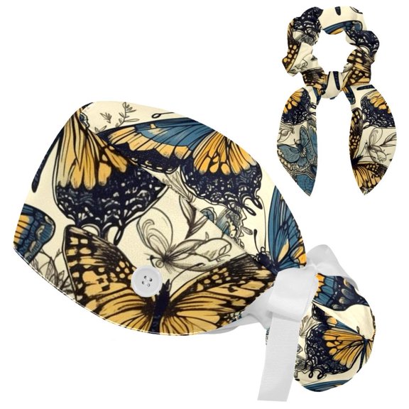 Adjustable Butterfly Scrub Cap, Working Hat Hair Cover with Ponytail Pouch, Soft Bouffant Surgical Nurse Cap