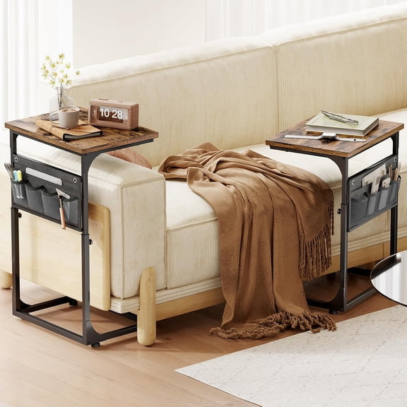 Adjustable C-Shape Side Table with Storage Bag for Living Room, Bedroom & Office - Rustic Brown