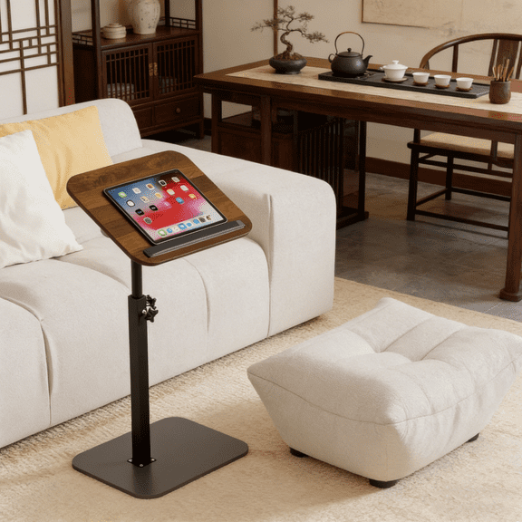 Adjustable C-Shaped Side Table for Couch, Stable Metal Base Natural Wood Sofa Side Table, Space-Saving TV Tray End Table for Small Spaces, Versatile Snack/Laptop/Bedside Table (Non-rotatable)